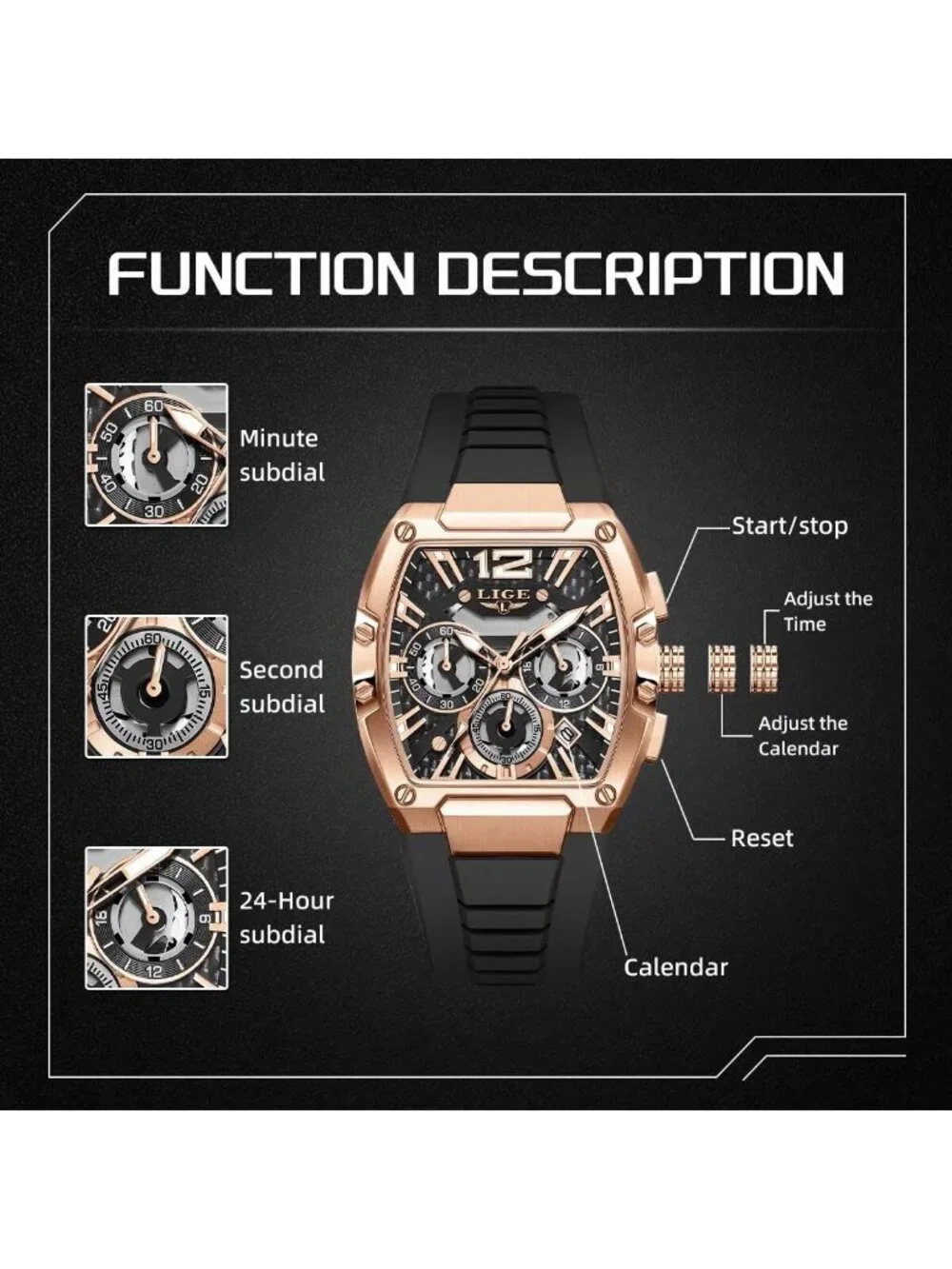 Men's Black and Bright Copper Square Chronograph Stainless Steel Quartz Watch